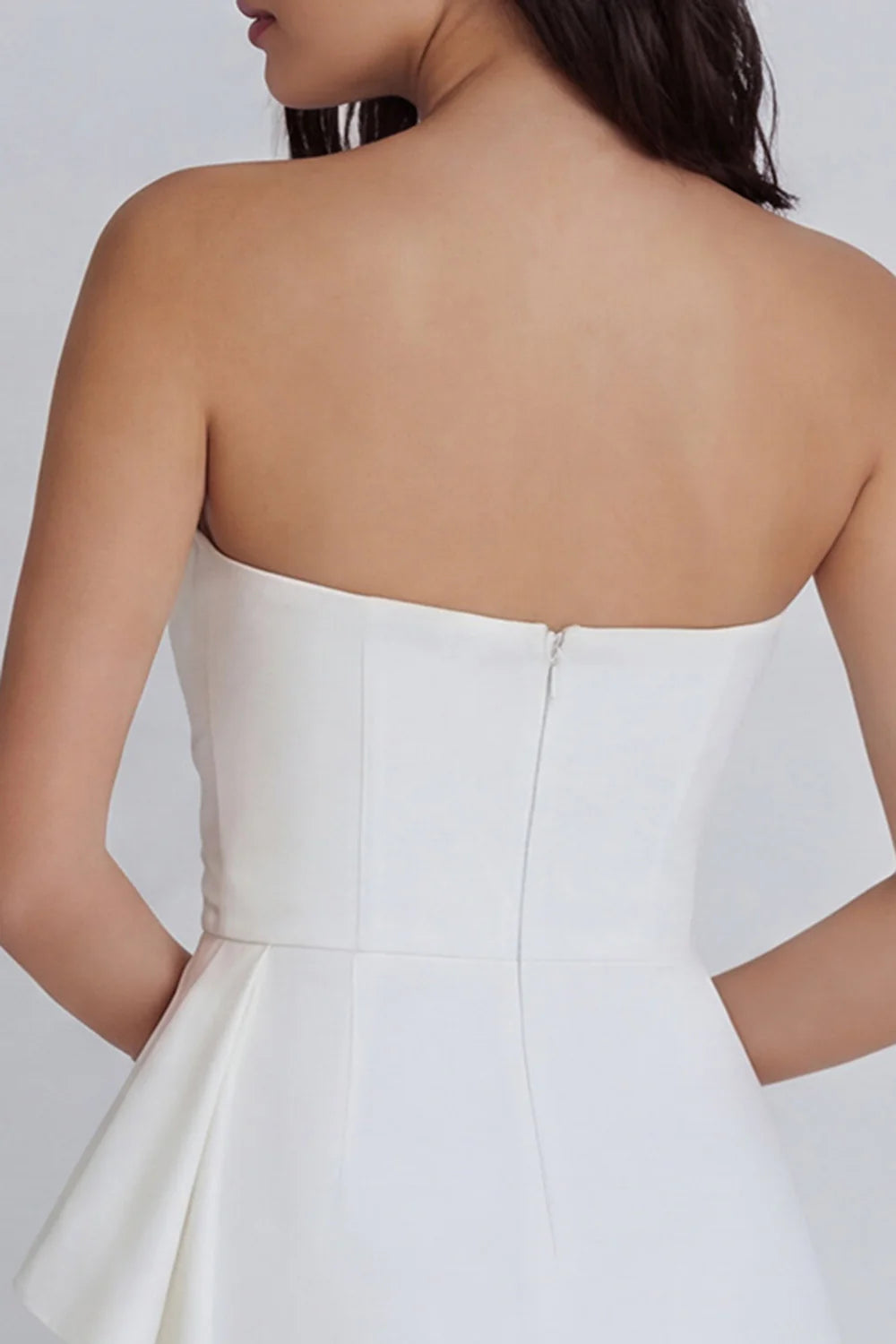 Strapless White Homecoming Dress with Petal Neckline, Ruched Waist and Asymmetrical Ruffle Hem
