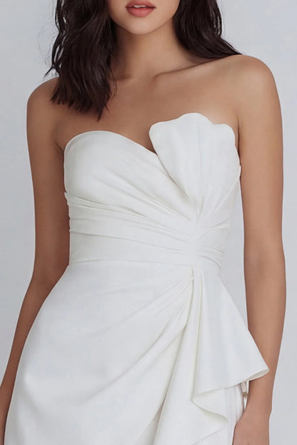 Strapless White Homecoming Dress with Petal Neckline, Ruched Waist and Asymmetrical Ruffle Hem