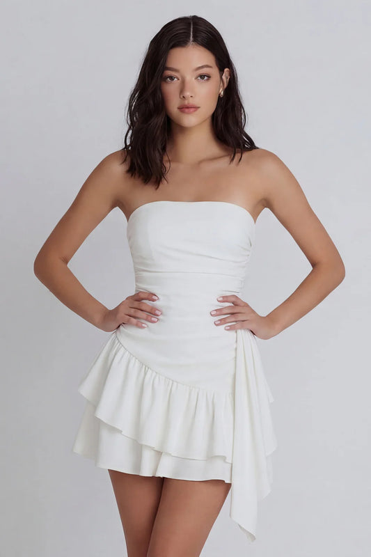 Strapless White Homecoming Dress with Ruched Bodice, Asymmetrical Tiered Ruffle Skirt and Draped Sash Detail