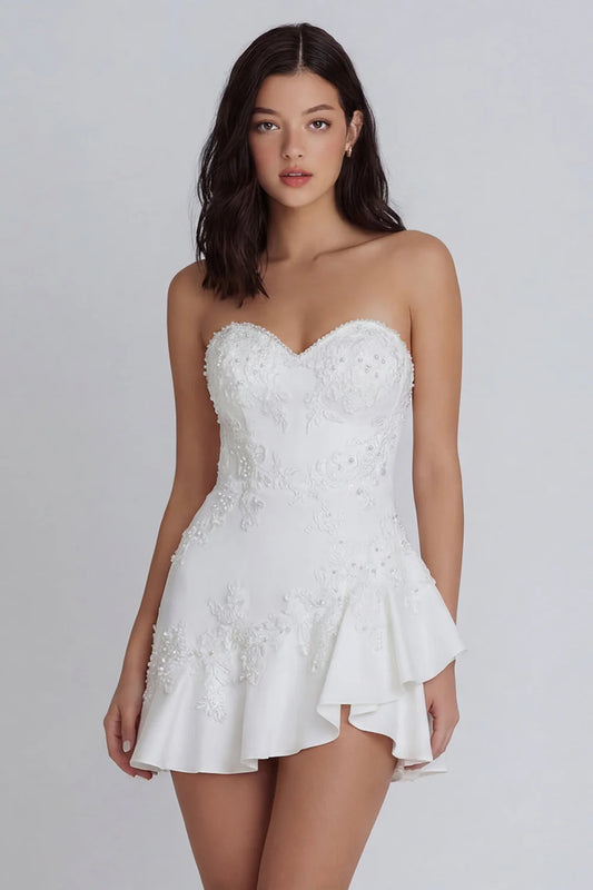 Strapless White Sweetheart Homecoming Dress with Lace Appliqué, Pearl Beading and Asymmetrical Ruffle Hem