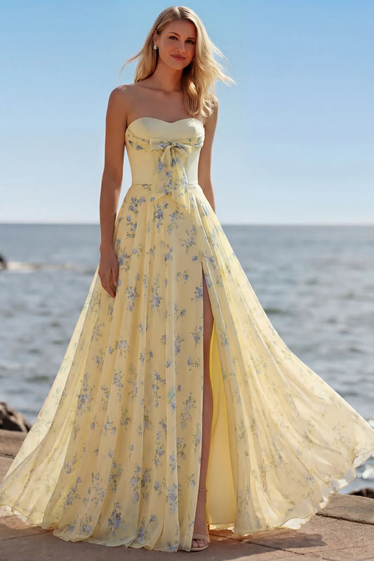 Strapless Yellow Floral Chiffon Prom Dress with Sweetheart Neckline, Corset Bodice, Bow Detail and High Slit A-Line Skirt