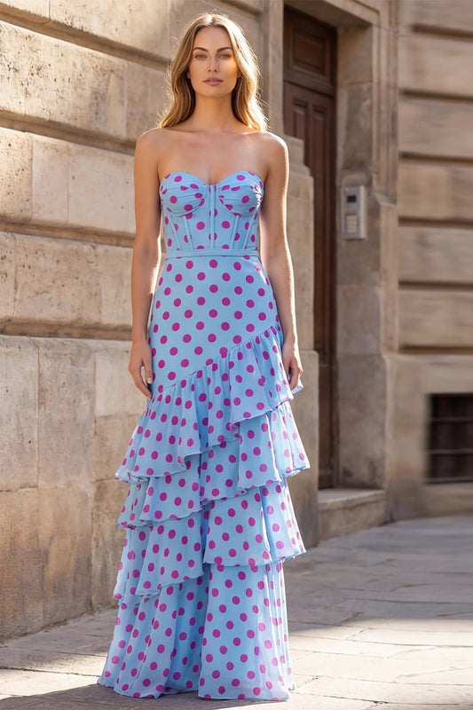 Strapless light blue pink polka dot prom dress with sweetheart corset bodice tiered ruffle skirt and floor-length silhouette