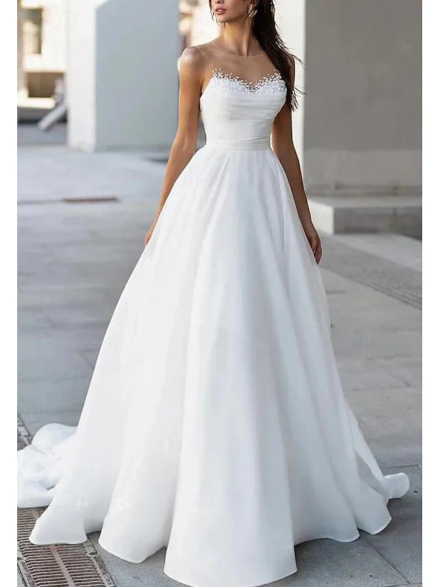 Stunning A-Line Illusion Sweetheart Sleeveless Beaded White Floor-Length Prom Dress Gown