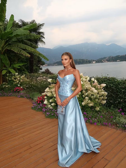 Stunning A-Line Sweetheart Sleeveless Embroidered Light Blue Floor-Length Prom Dresses