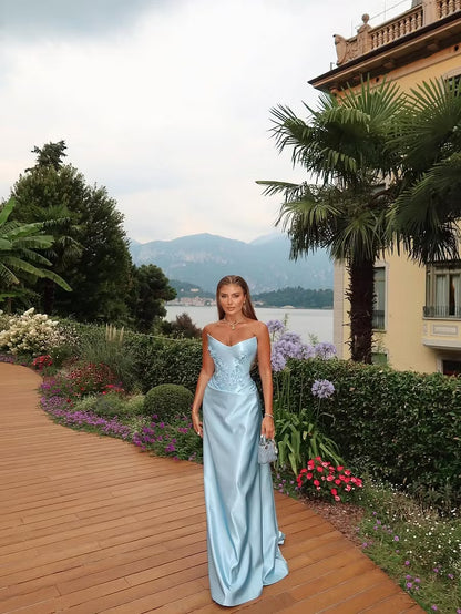 Stunning A-Line Sweetheart Sleeveless Embroidered Light Blue Floor-Length Prom Dresses