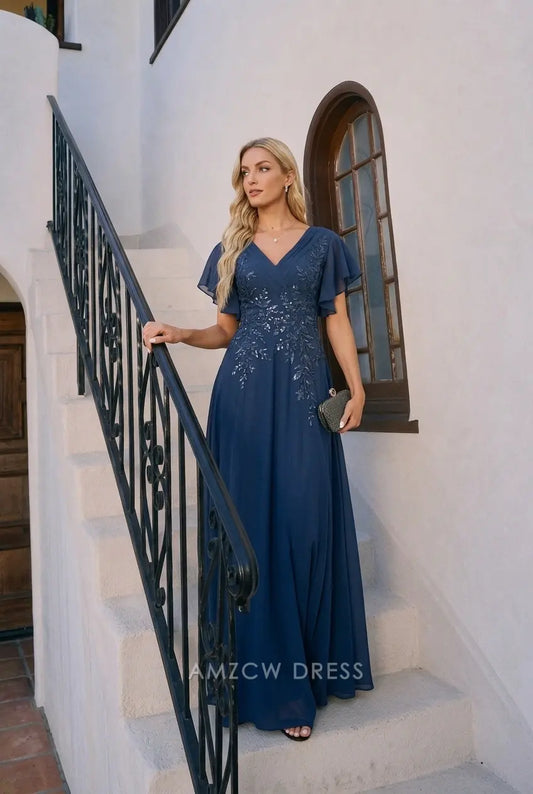 Stunning A-Line V-Neck Flutter Sleeve Embellished Navy Blue Floor-Length Prom Dress