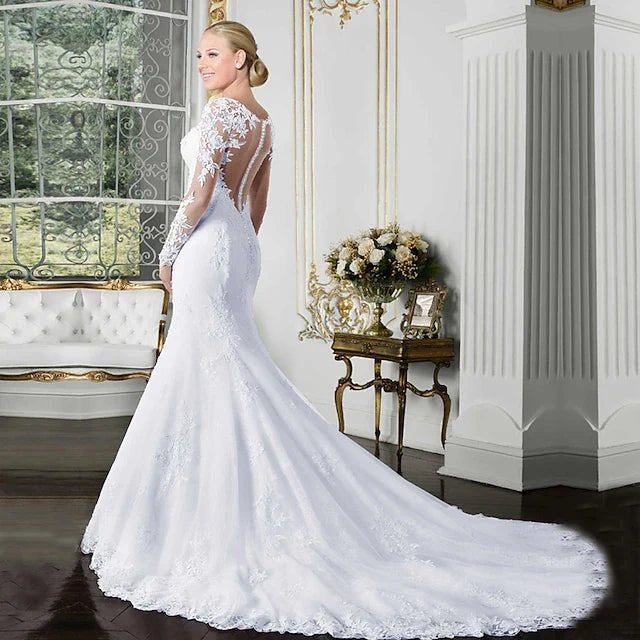 Stunning Mermaid Illusion Sweetheart Long Sleeve Bridal-Inspired Sophisticated White Floor-Length Prom Dresses Women's Gown