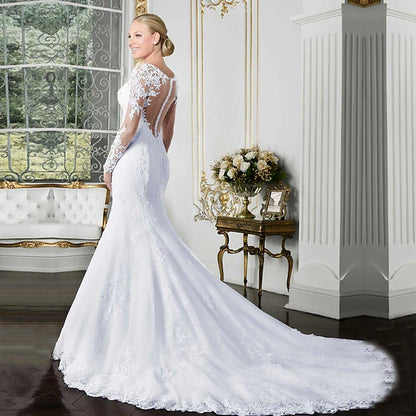 Stunning Mermaid Illusion Sweetheart Long Sleeve Bridal-Inspired Sophisticated White Floor-Length Prom Dresses Women's Gown