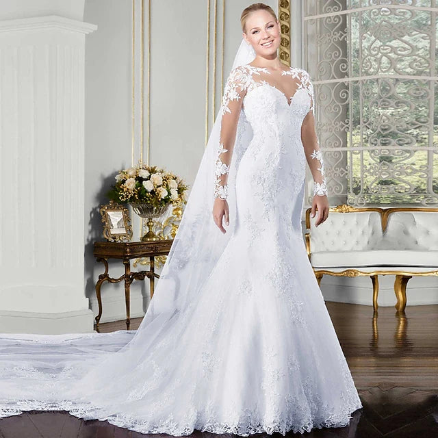 Stunning Mermaid Illusion Sweetheart Long Sleeve Bridal-Inspired Sophisticated White Floor-Length Prom Dresses Women's Gown
