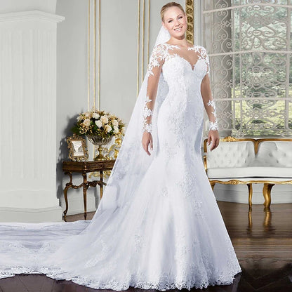 Stunning Mermaid Illusion Sweetheart Long Sleeve Bridal-Inspired Sophisticated White Floor-Length Prom Dresses Women's Gown
