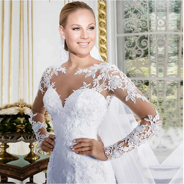 Stunning Mermaid Illusion Sweetheart Long Sleeve Bridal-Inspired Sophisticated White Floor-Length Prom Dresses Women's Gown