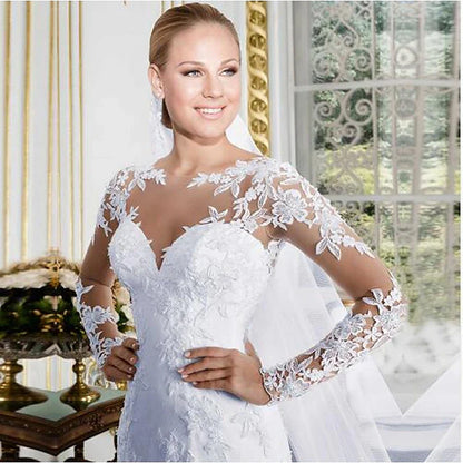 Stunning Mermaid Illusion Sweetheart Long Sleeve Bridal-Inspired Sophisticated White Floor-Length Prom Dresses Women's Gown
