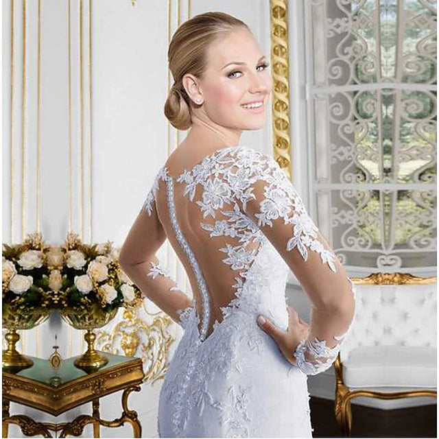Stunning Mermaid Illusion Sweetheart Long Sleeve Bridal-Inspired Sophisticated White Floor-Length Prom Dresses Women's Gown