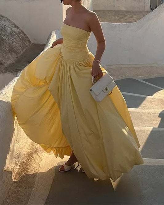 Sunny Strapless Ruched Bodice Voluminous Floor-Length Taffeta Ballgown Party Dress