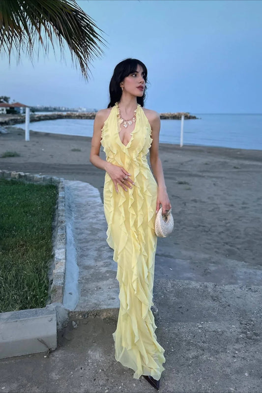 Sunny Yellow Halter Gown with Cascading Ruffles and Tie Back: Prom Dress
