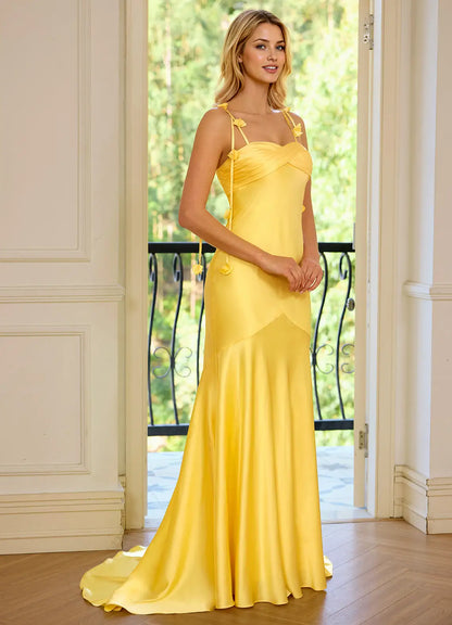 Sunshine Yellow Twist Front Cutout Back Satin Mermaid Prom Dresses