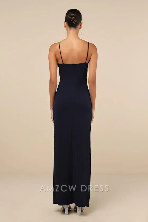 Vestido largo azul marino fruncido con sobrepelliz elegante y dulce de Amzcw para mujer, vestidos formales 