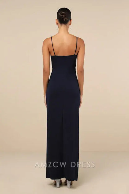 Vestido largo azul marino fruncido con sobrepelliz elegante y dulce de Amzcw para mujer, vestidos formales 