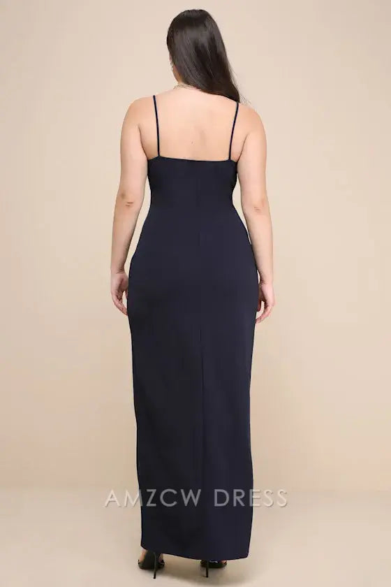 Vestido largo azul marino fruncido con sobrepelliz elegante y dulce de Amzcw para mujer, vestidos formales 