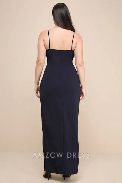 Vestido largo azul marino fruncido con sobrepelliz elegante y dulce de Amzcw para mujer, vestidos formales 