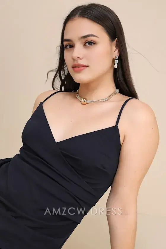 Vestido largo azul marino fruncido con sobrepelliz elegante y dulce de Amzcw para mujer, vestidos formales 