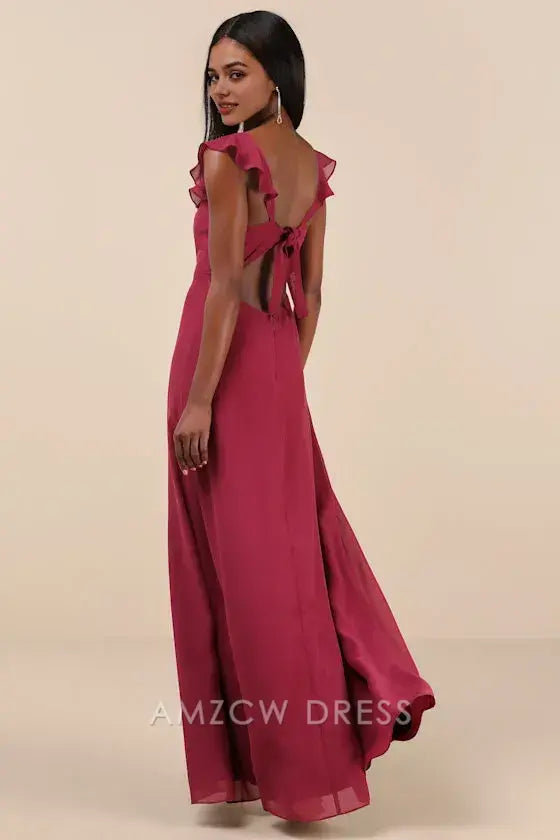 Vestido largo elegante con volantes en color magenta oscuro y lazo en la espalda de Amzcw para entrada más dulce. Vestidos formales. 