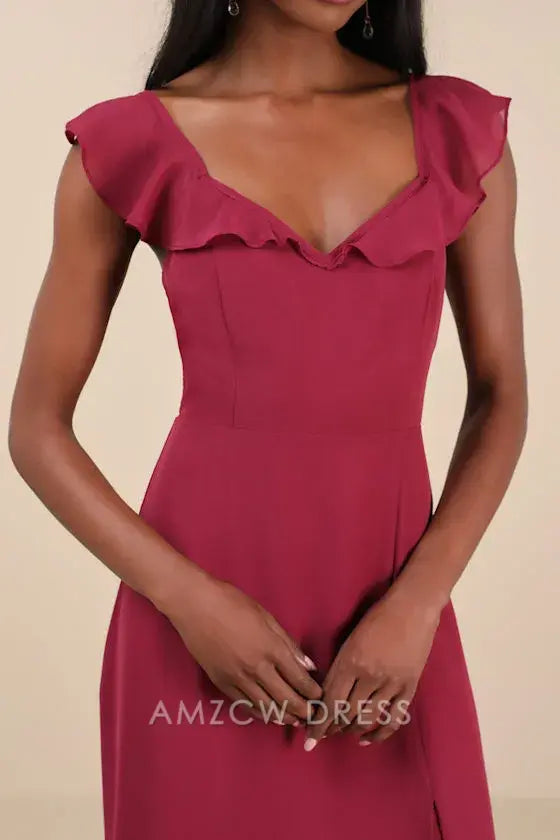 Vestido largo elegante con volantes en color magenta oscuro y lazo en la espalda de Amzcw para entrada más dulce. Vestidos formales. 