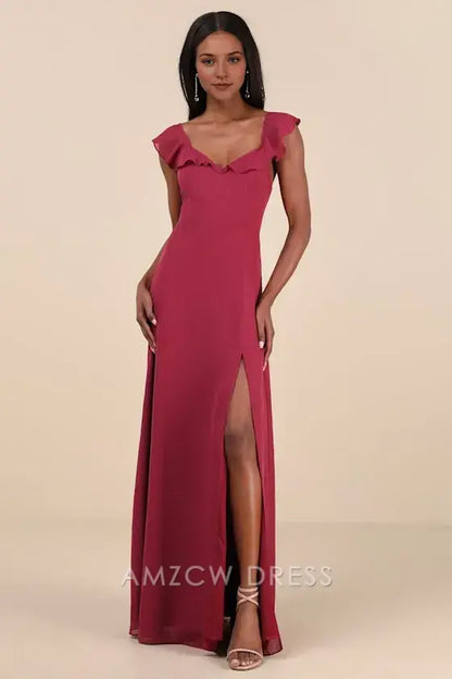 Vestido largo elegante con volantes en color magenta oscuro y lazo en la espalda de Amzcw para entrada más dulce. Vestidos formales. 