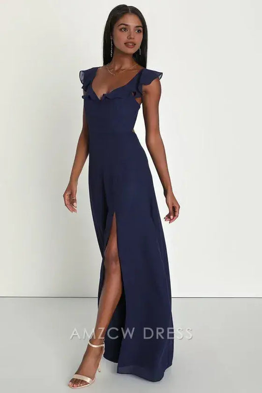 Vestido largo azul marino con volantes y lazo en la espalda, elegante y dulce, de Amzcw, para uso formal 