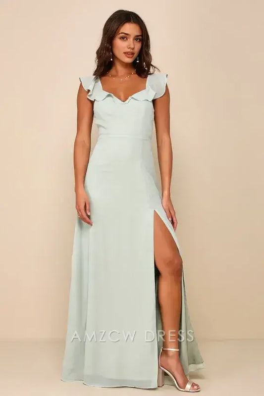 Vestido largo elegante con volantes y lazo en la espalda, color verde salvia, de Amzcw 