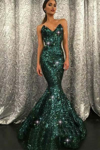 Vestidos de fiesta largos de sirena con escote corazón, verdes, sin tirantes y sin mangas. 