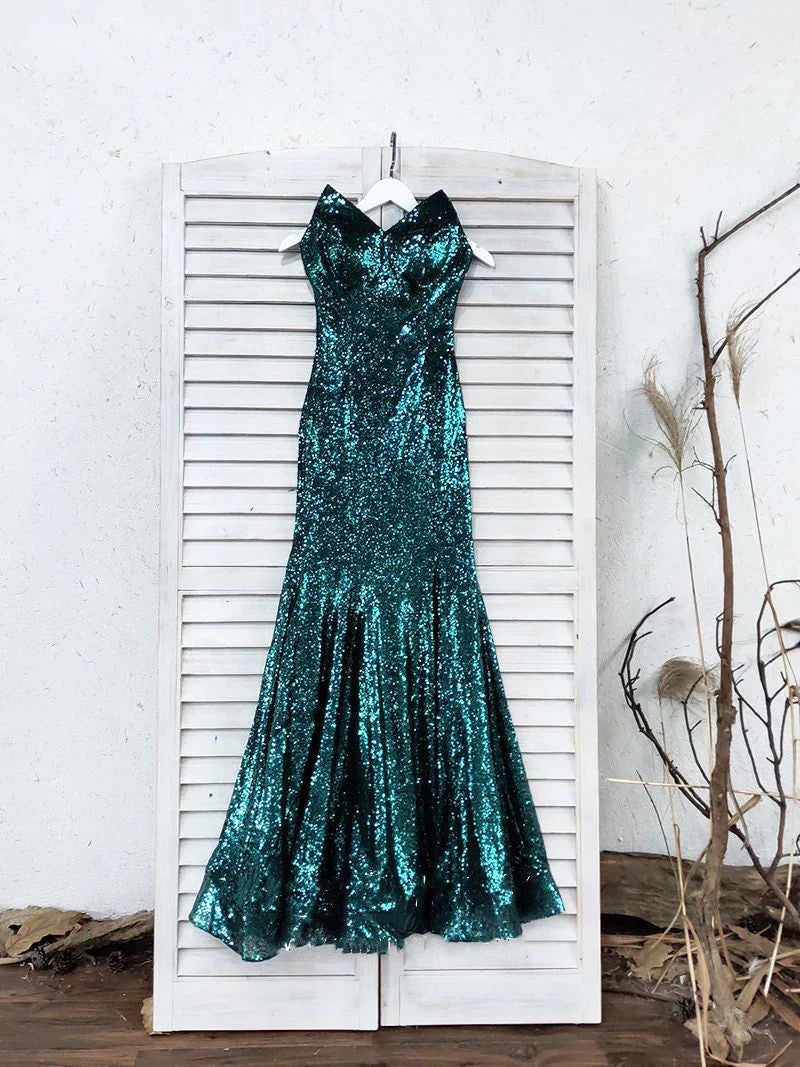 Vestidos de fiesta largos de sirena con escote corazón, verdes, sin tirantes y sin mangas. 
