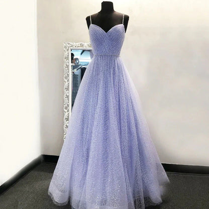 Vestidos de fiesta largos de noche con escote corazón, tirantes finos y cuentas color lavanda 