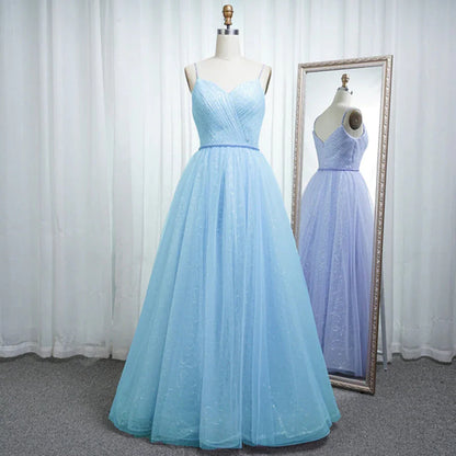 Vestidos de fiesta largos de noche con escote corazón, tirantes finos y cuentas color lavanda 