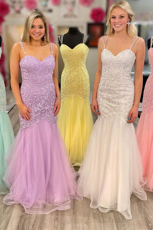 Vestidos de fiesta de sirena con tirantes finos, encaje y tul, con apliques y cola larga 