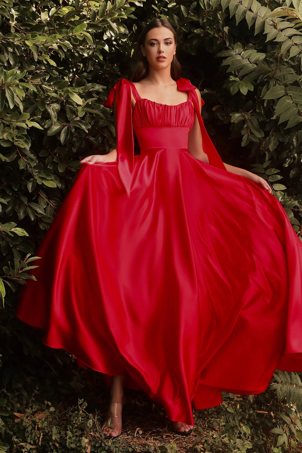 Sweetheart Neck Blush Pink Satin Evening Dresses with Shoulder Bow Ties and Floor-Length Skirt