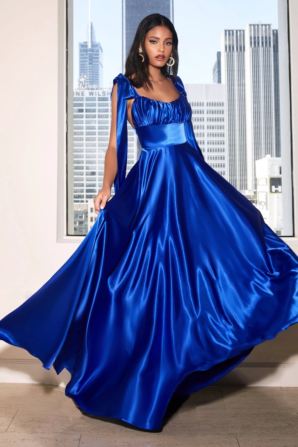 Sweetheart Neck Blush Pink Satin Evening Dresses with Shoulder Bow Ties and Floor-Length Skirt