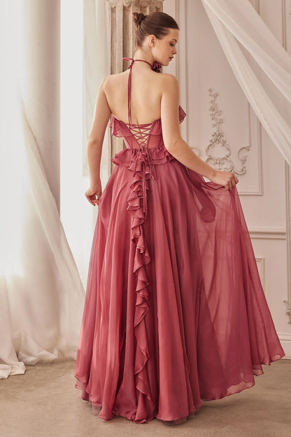 Sweetheart Neck Dusty Rose Chiffon Evening Dresses with Ruffle Details and Front Slit