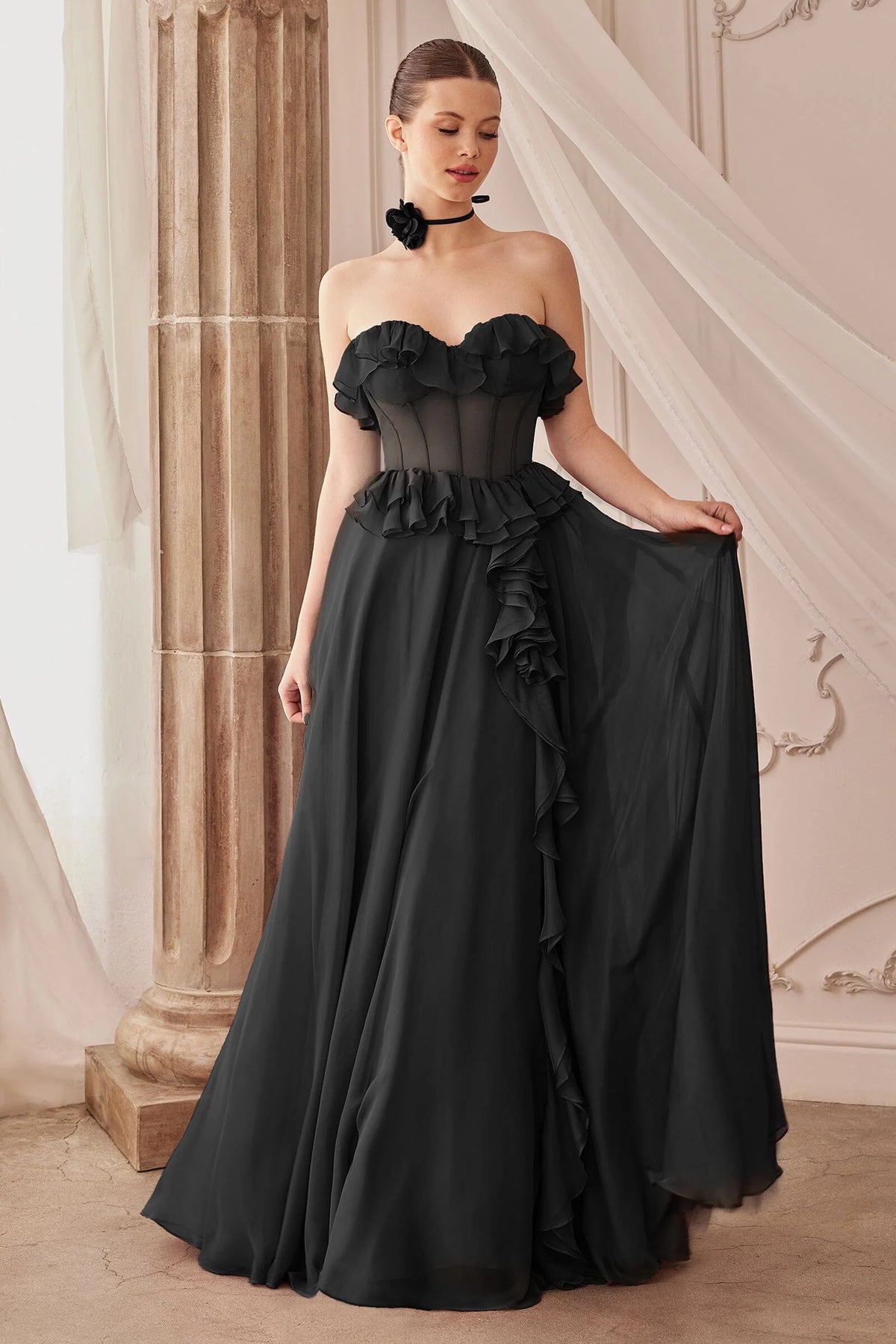 Sweetheart Neck Dusty Rose Chiffon Evening Dresses with Ruffle Details and Front Slit