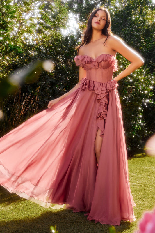 Sweetheart Neck Dusty Rose Chiffon Evening Dresses with Ruffle Details and Front Slit