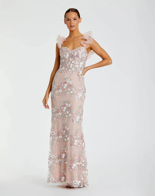 Sweetheart Neck Ruffle Strap Sequin Floral Appliqué Blush Pink Tulle Mermaid Prom Dresses