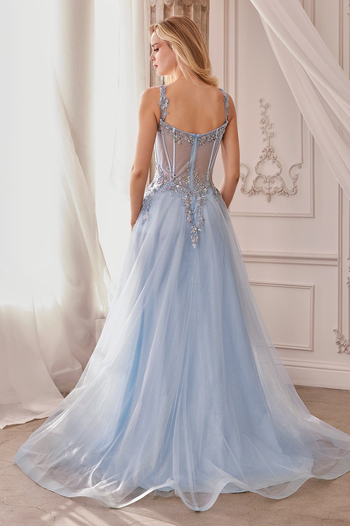 Sweetheart Neck Sky Blue Tulle Evening Dresses with Beaded Sheer Bodice and Floor-Length Skirt