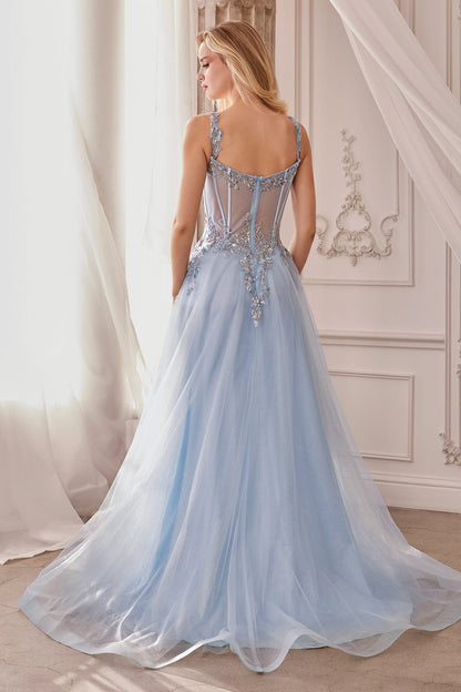 Sweetheart Neck Sky Blue Tulle Evening Dresses with Beaded Sheer Bodice and Floor-Length Skirt