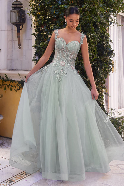 Sweetheart Neck Sky Blue Tulle Evening Dresses with Beaded Sheer Bodice and Floor-Length Skirt
