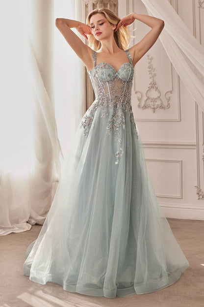 Sweetheart Neck Sky Blue Tulle Evening Dresses with Beaded Sheer Bodice and Floor-Length Skirt