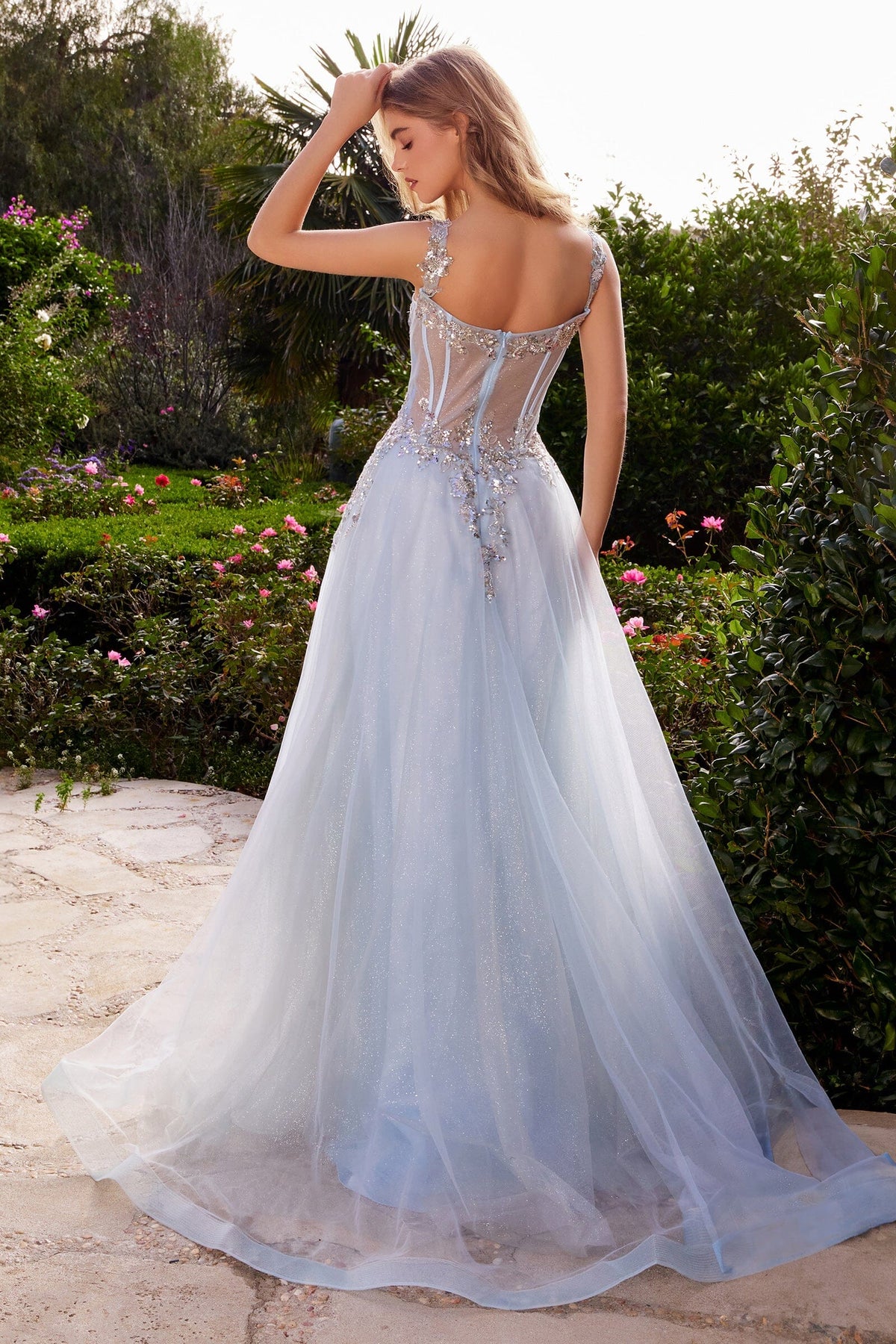 Sweetheart Neck Sky Blue Tulle Evening Dresses with Beaded Sheer Bodice and Floor-Length Skirt