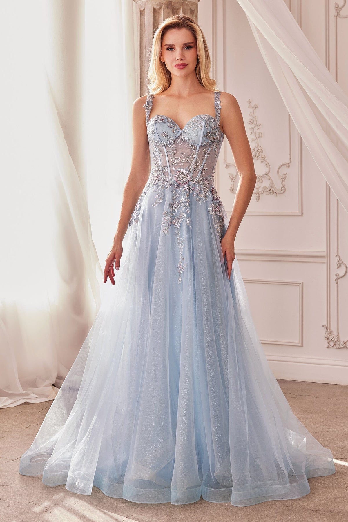 Sweetheart Neck Sky Blue Tulle Evening Dresses with Beaded Sheer Bodice and Floor-Length Skirt