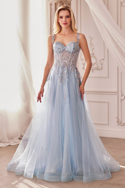 Sweetheart Neck Sky Blue Tulle Evening Dresses with Beaded Sheer Bodice and Floor-Length Skirt