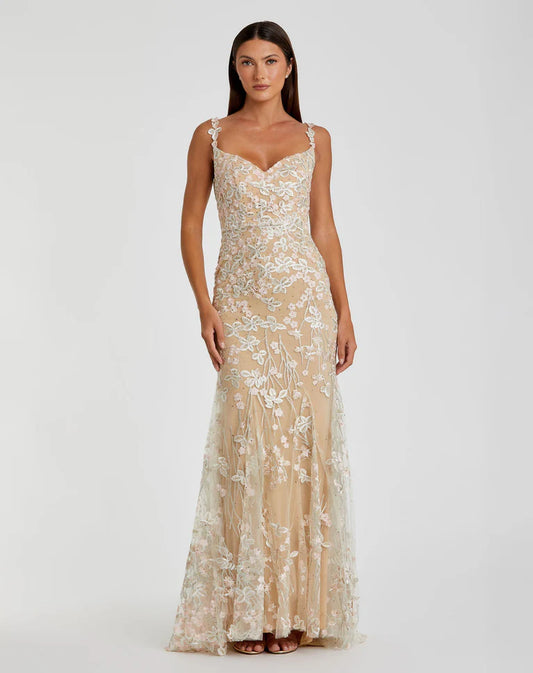 Sweetheart Neck Spaghetti Strap Sequin Floral Appliqué Nude Tulle Mermaid Chapel Train Prom Dresses