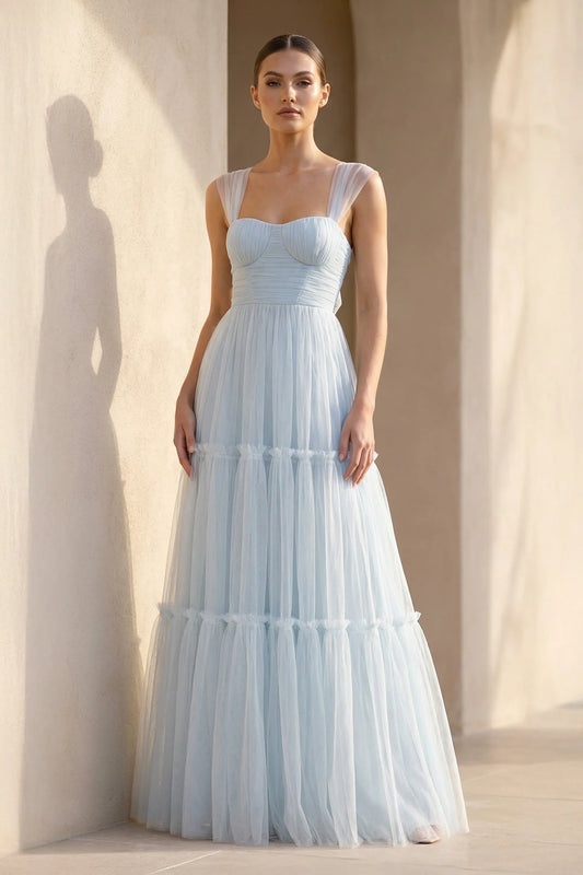 Sweetheart Neck Tiered Tulle Floor Length Formal Evening Gown With Back Bow For Wedding Guest Homecoming Prom Dress